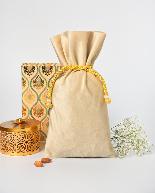 Beige Velvet Fancy Drawstring Potli