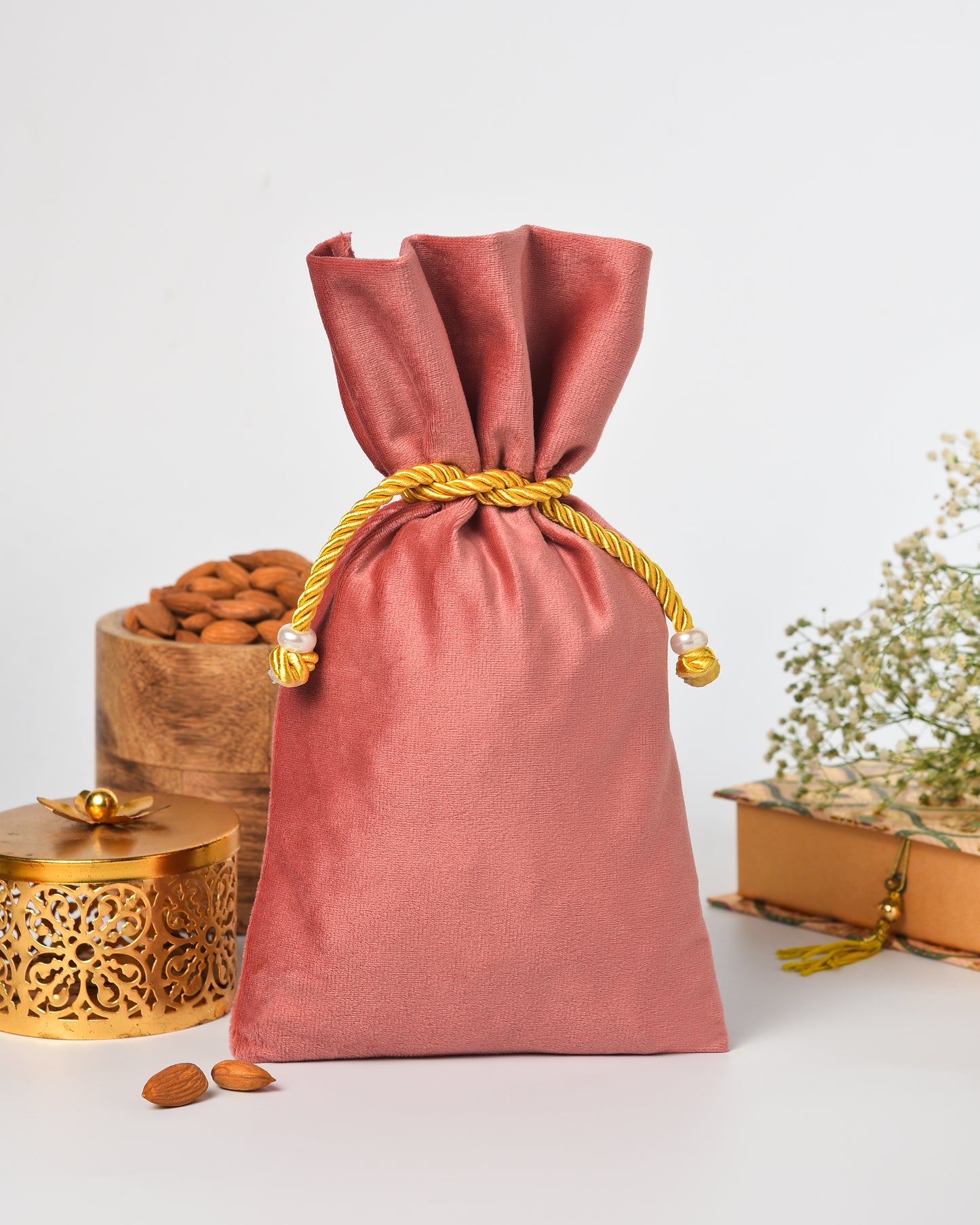 Coral Pink Fancy Drawstring Velvet Potli